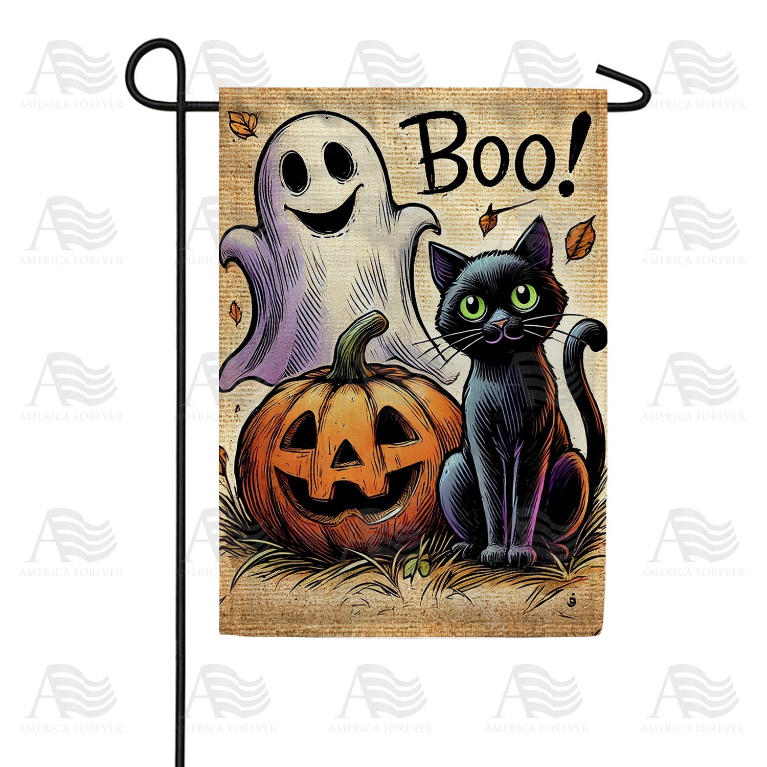 Boo Black Cat and Ghost Halloween Garden Flag