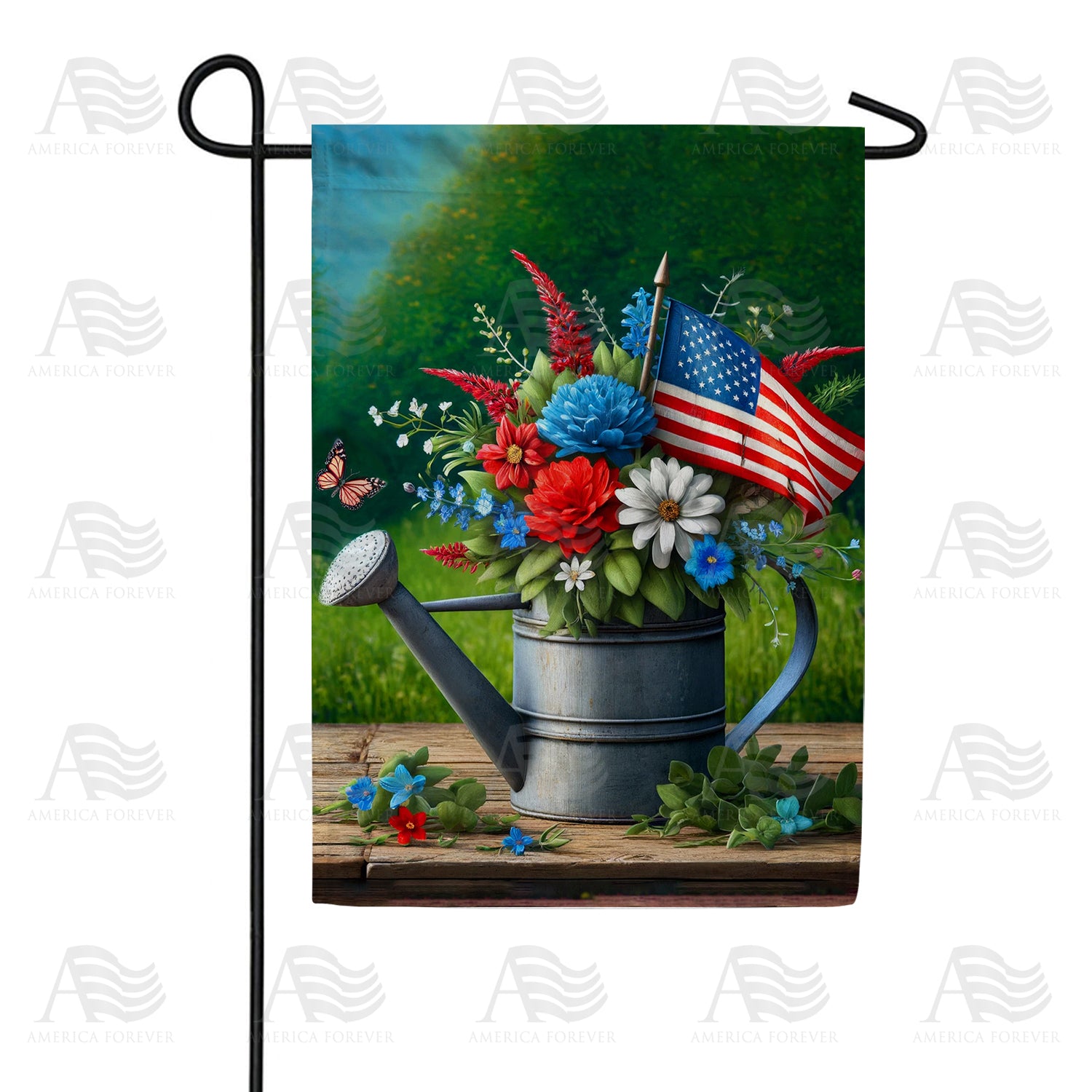 Patriotic Floral Watering Can Garden Flag