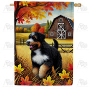 Autumn Dog and Barn House Flag