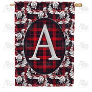 Elegant Red And Black Plaid Monogram House Flag