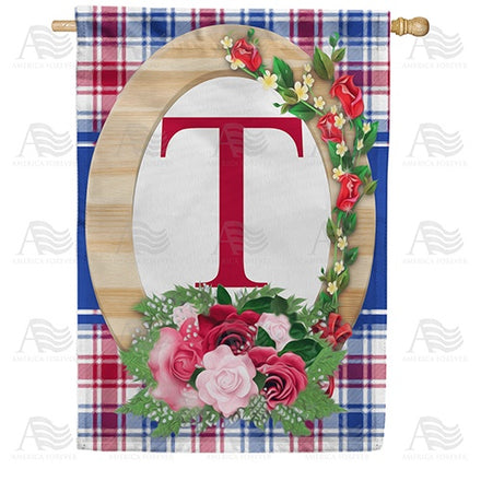 Roses On Wood Frame Monogram House Flag