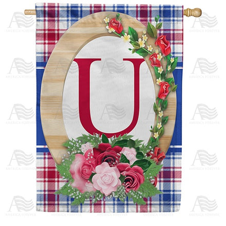 Roses On Wood Frame Monogram House Flag