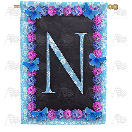 Blue And Purple Hydrangea Monogram House Flag