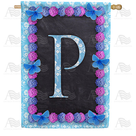 Blue And Purple Hydrangea Monogram House Flag