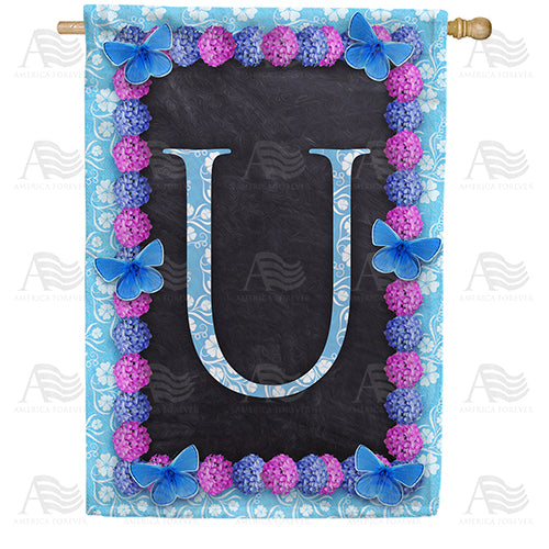 Blue And Purple Hydrangea Monogram House Flag