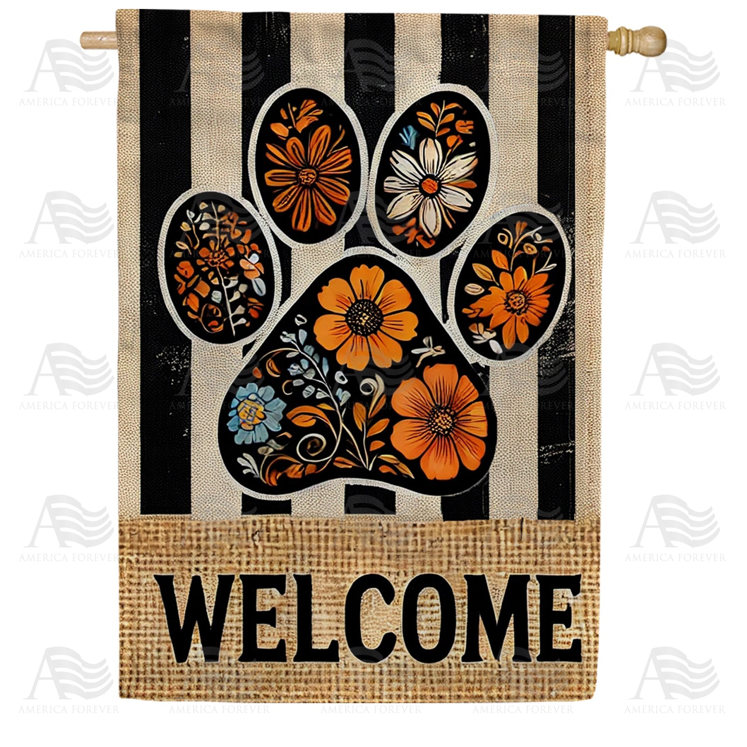 Floral Paw Print Welcome House Flag