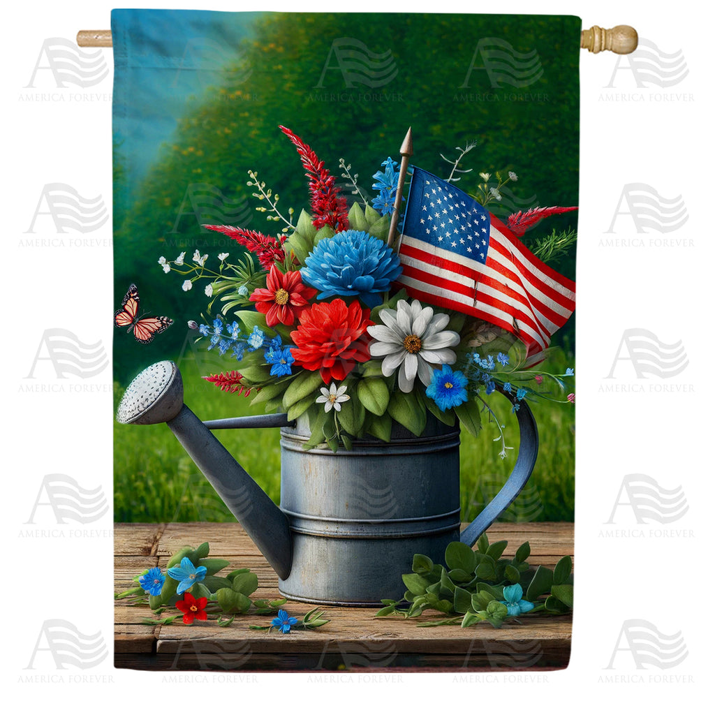 Patriotic Floral Watering Can House Flag