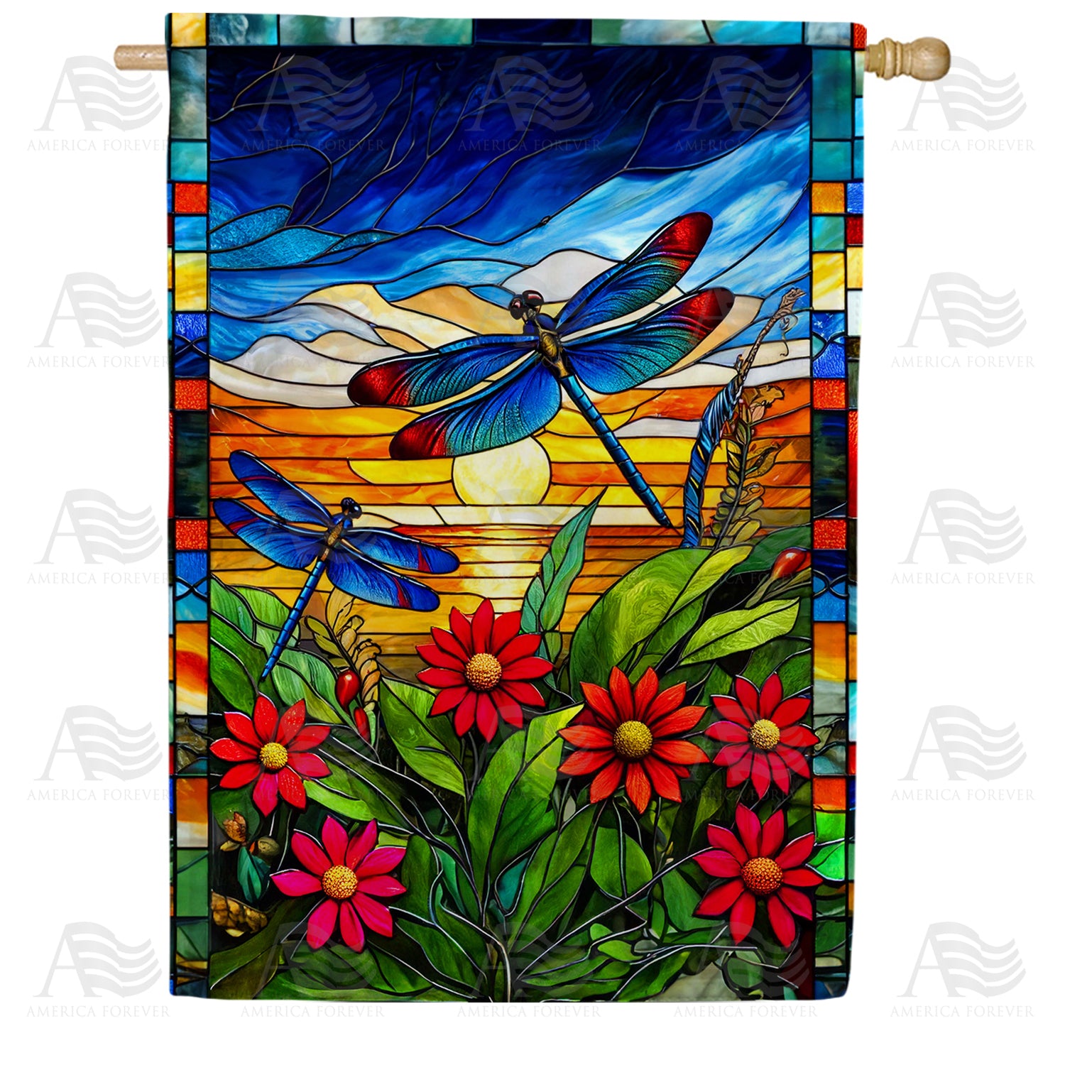 Stained Glass Dragonflies House Flag