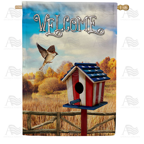 Flight To Patriotic Birdhouse House Flag