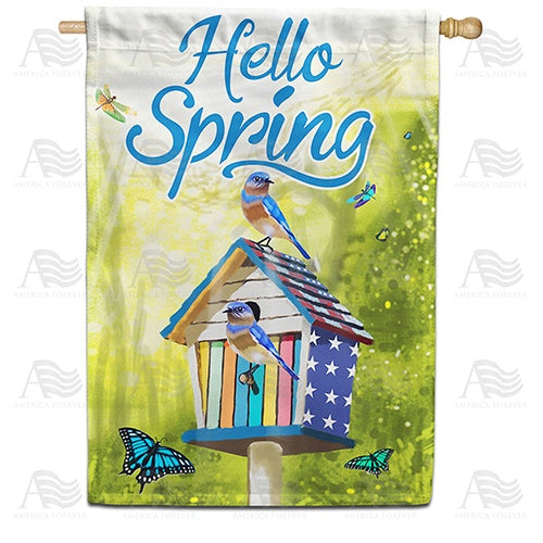 Hello Spring Patriotic Birdhouse House Flag