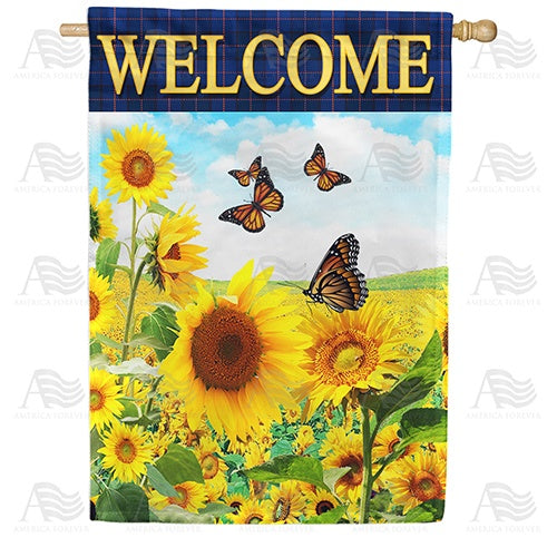 Sunflower Welcome Blue Plaid House Flag