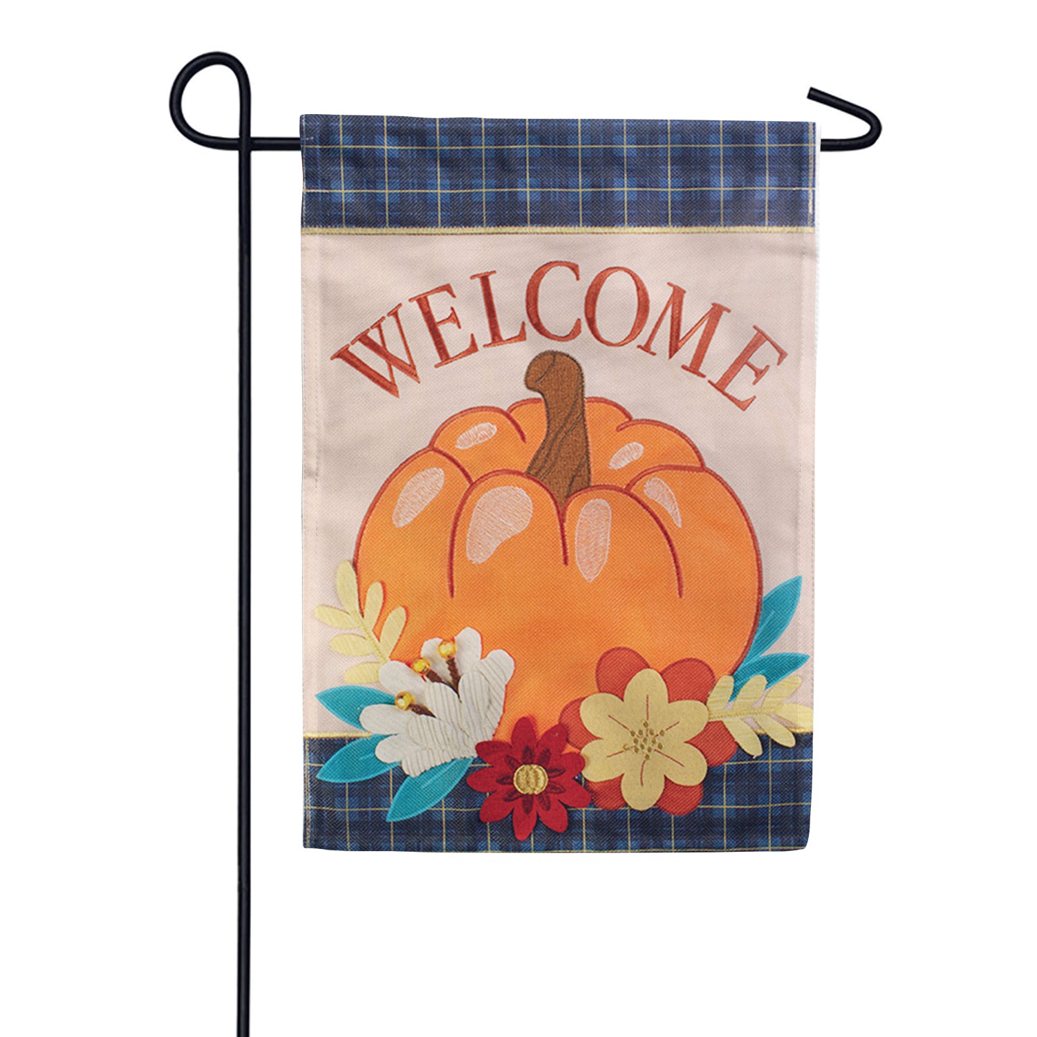 Plaid Pumpkin Floral Applique Garden Flag