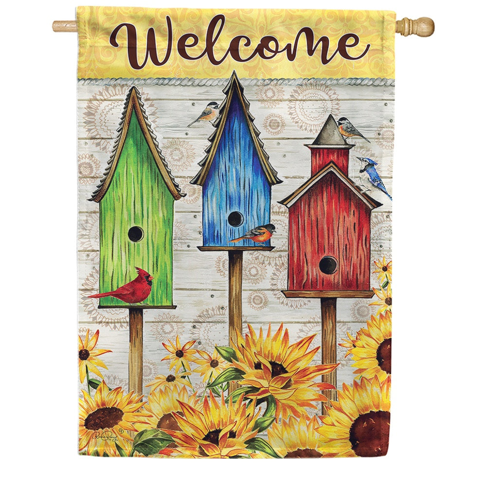 Sunny Birdhouse House Flag – Just For Fun Flags